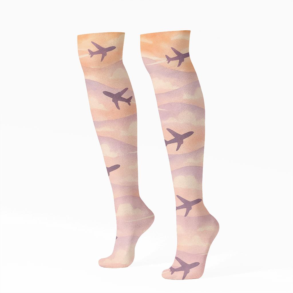 Sunset Painted Sky With Airplane Silhouette Waves trendy patterned knee-high socks