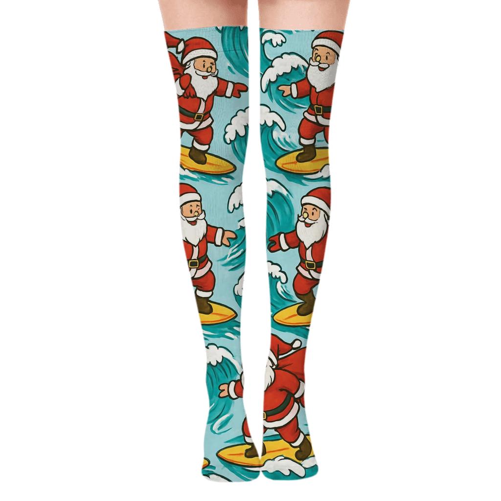Santa Surfing Holiday Wave Repeat designer print over-the-knee socks