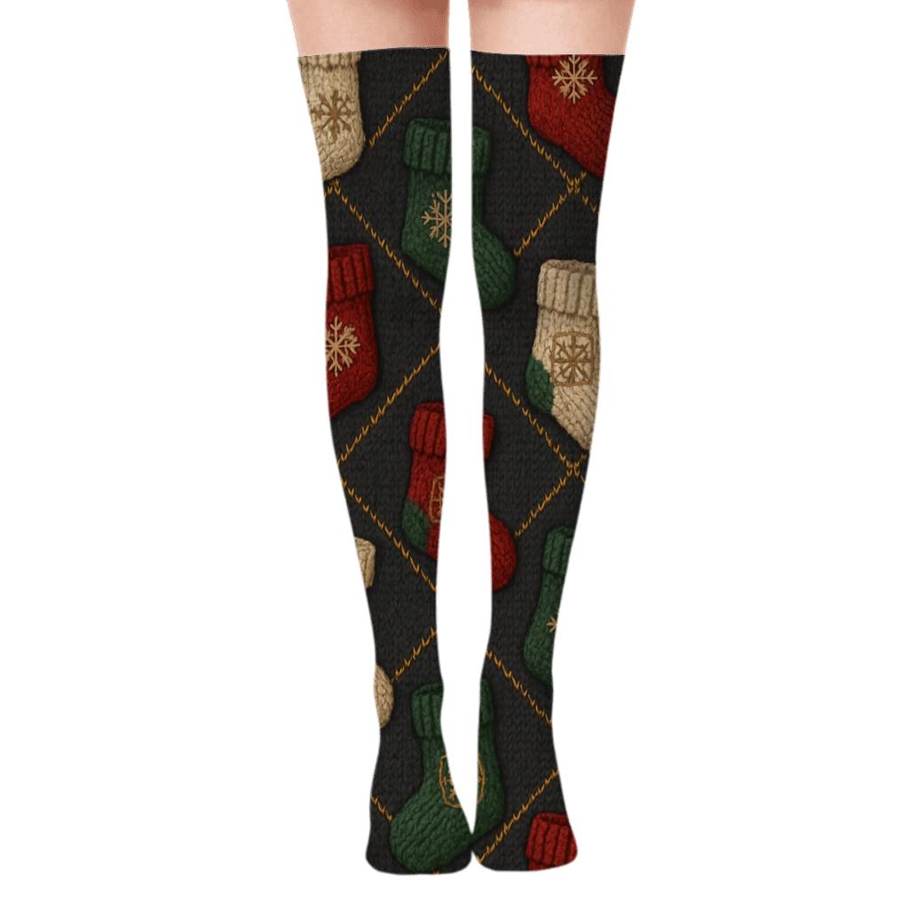 Knitted Holiday Stocking Lattice On Charcoal Background personalized over-the-knee socks