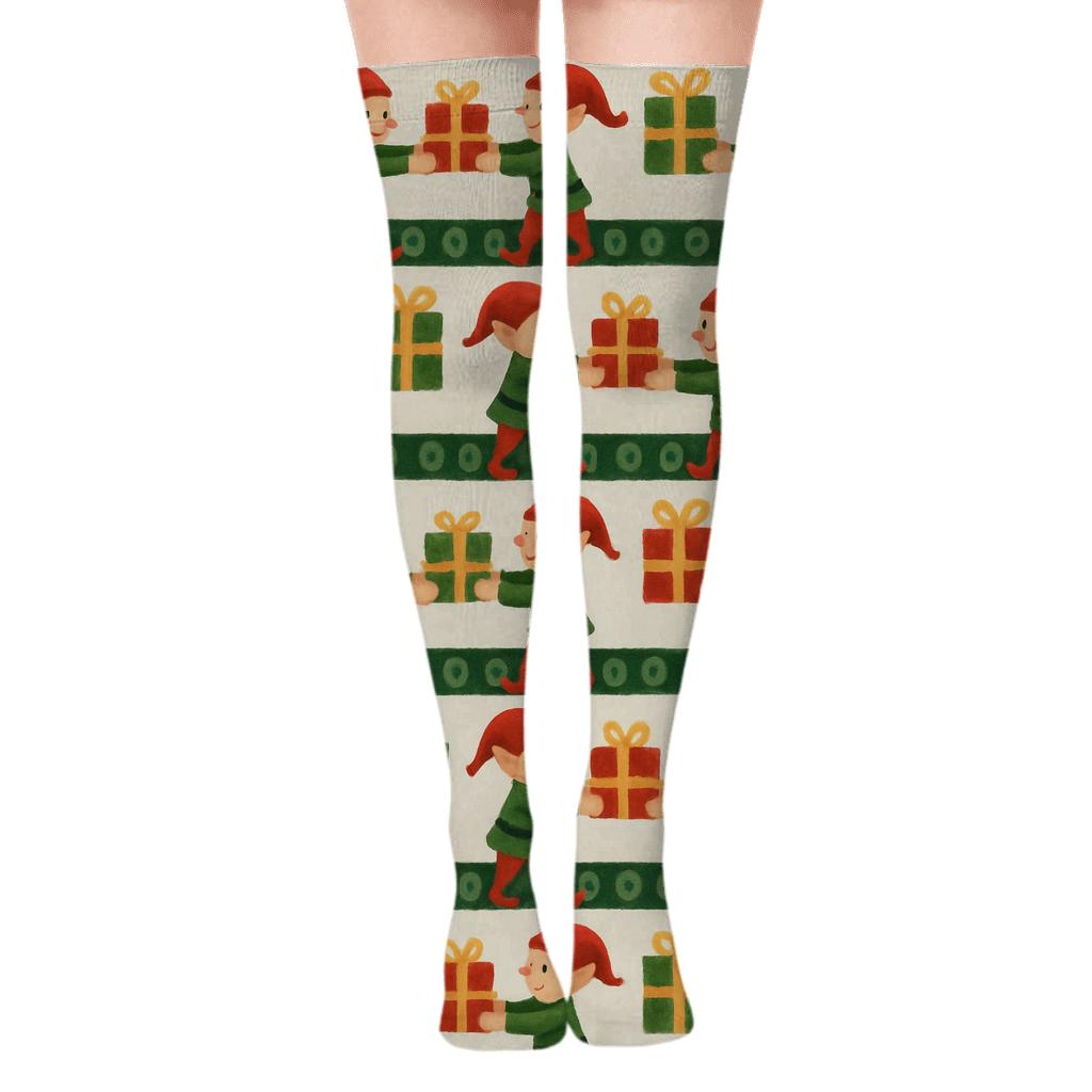 Elves With Holiday Toy Conveyor Stripe Pattern stylish fashion over-the-knee socks