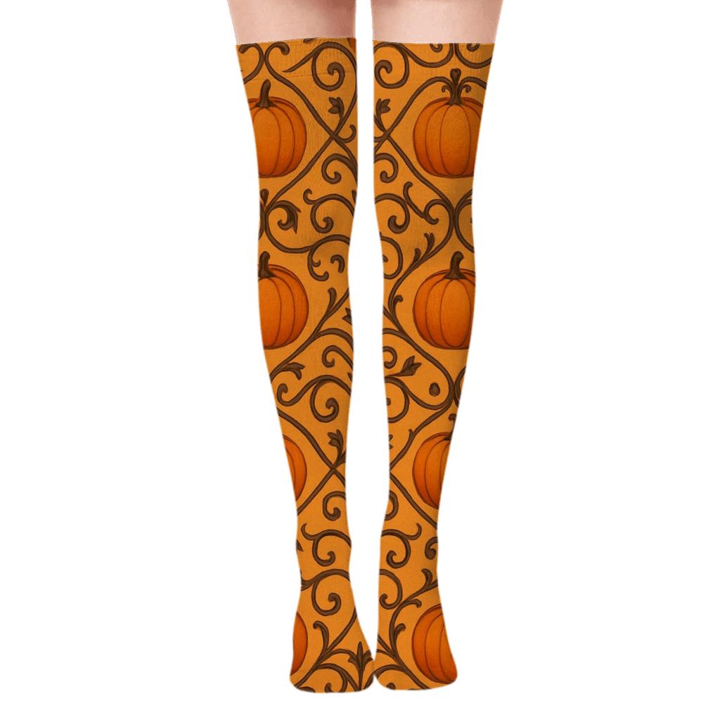 Pumpkin Vine Trellis Lattice On Orange Background stylish fashion over-the-knee socks