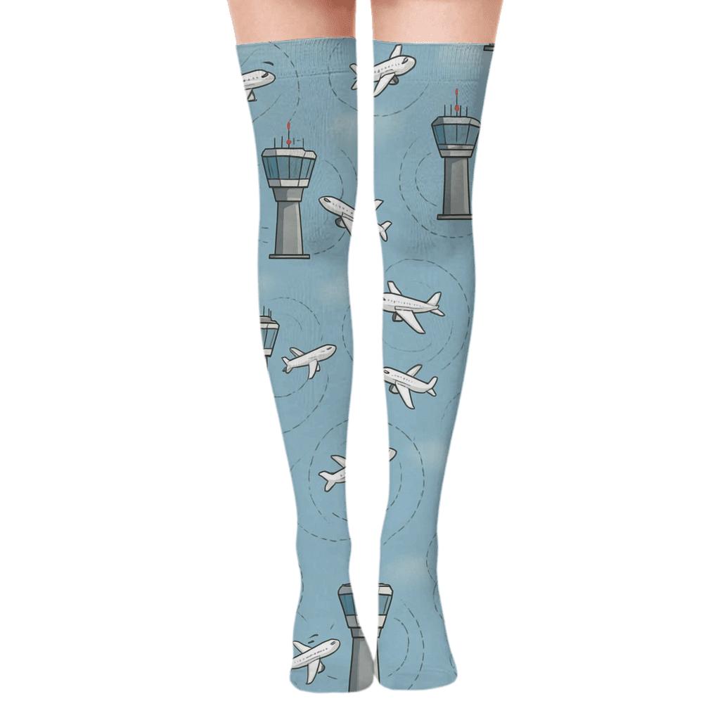 Air Traffic Control Tower Airplane Scatter designer print over-the-knee socks