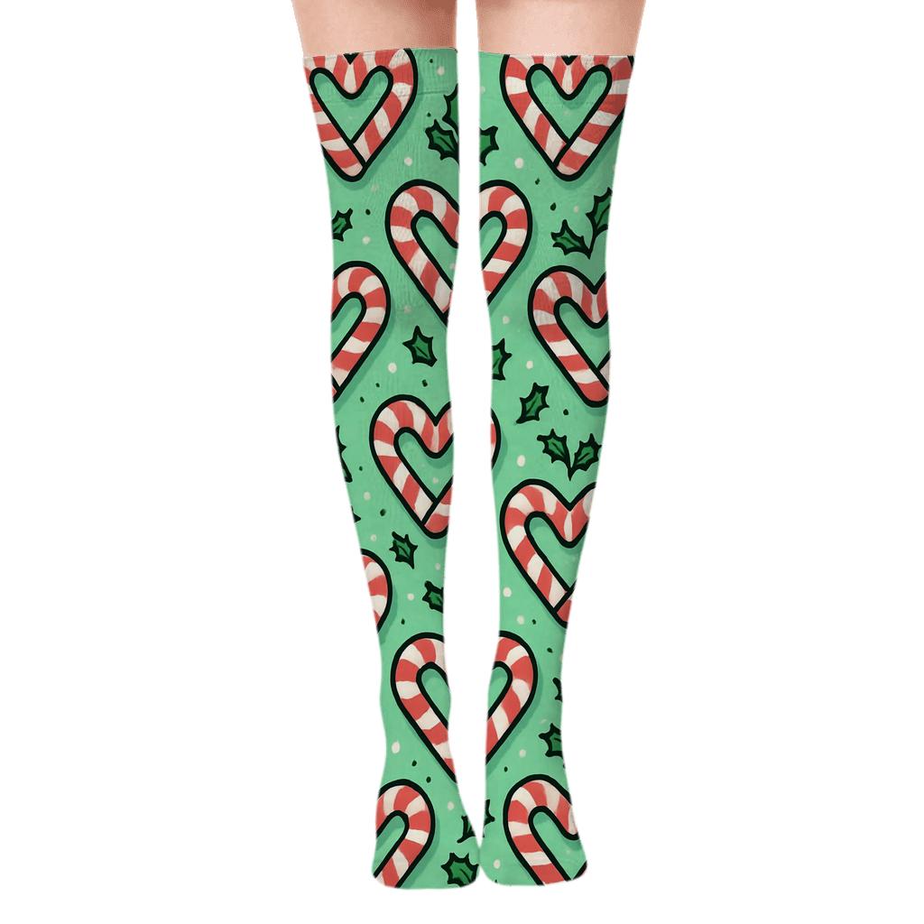 Candy Cane Hearts In Candy Canes Chevron designer print over-the-knee socks