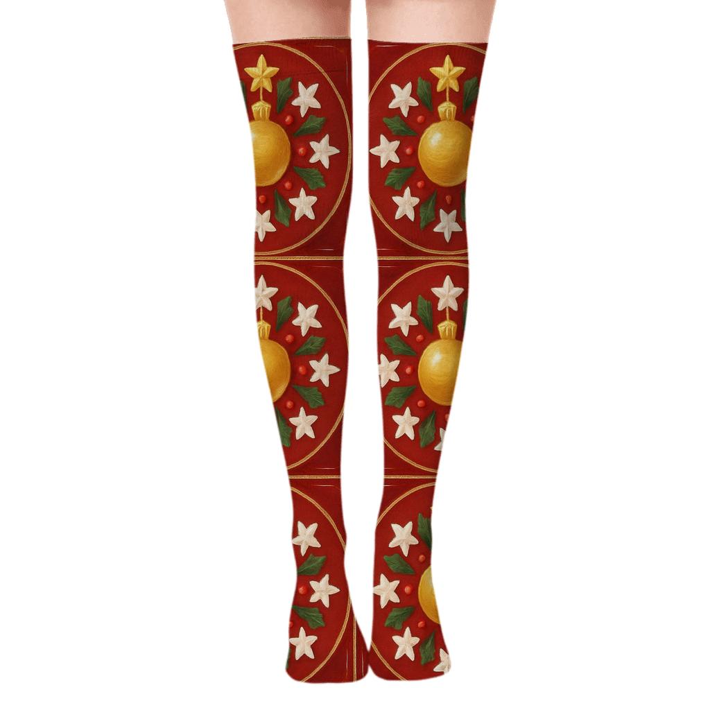 Christmas Ornament Mandala Tiles On Red Background stylish fashion over-the-knee socks