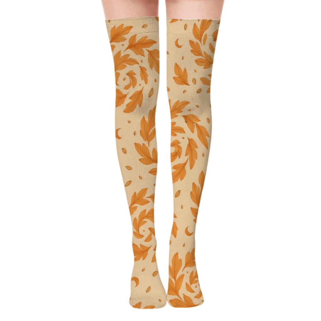 Orange Autumn Leaf Spiral Scatter On Proper Neutral Background personalized over-the-knee socks