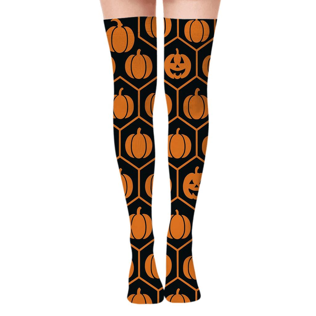 Orange Pumpkin Hex Tile Mosaic On Black Background personalized over-the-knee socks