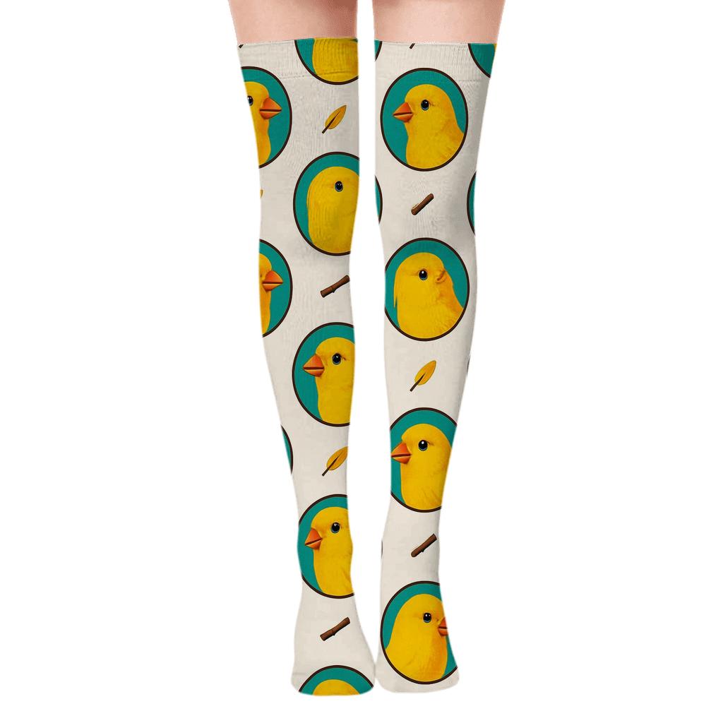 Canary Songbird Portrait Polka Repeat trendy patterned over-the-knee socks