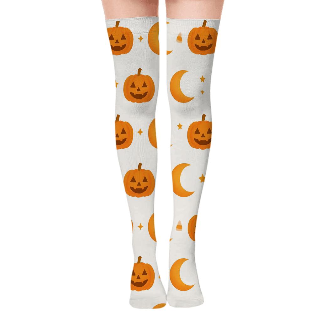 Crescent Moon And Pumpkin Phase Row On White Background designer print over-the-knee socks