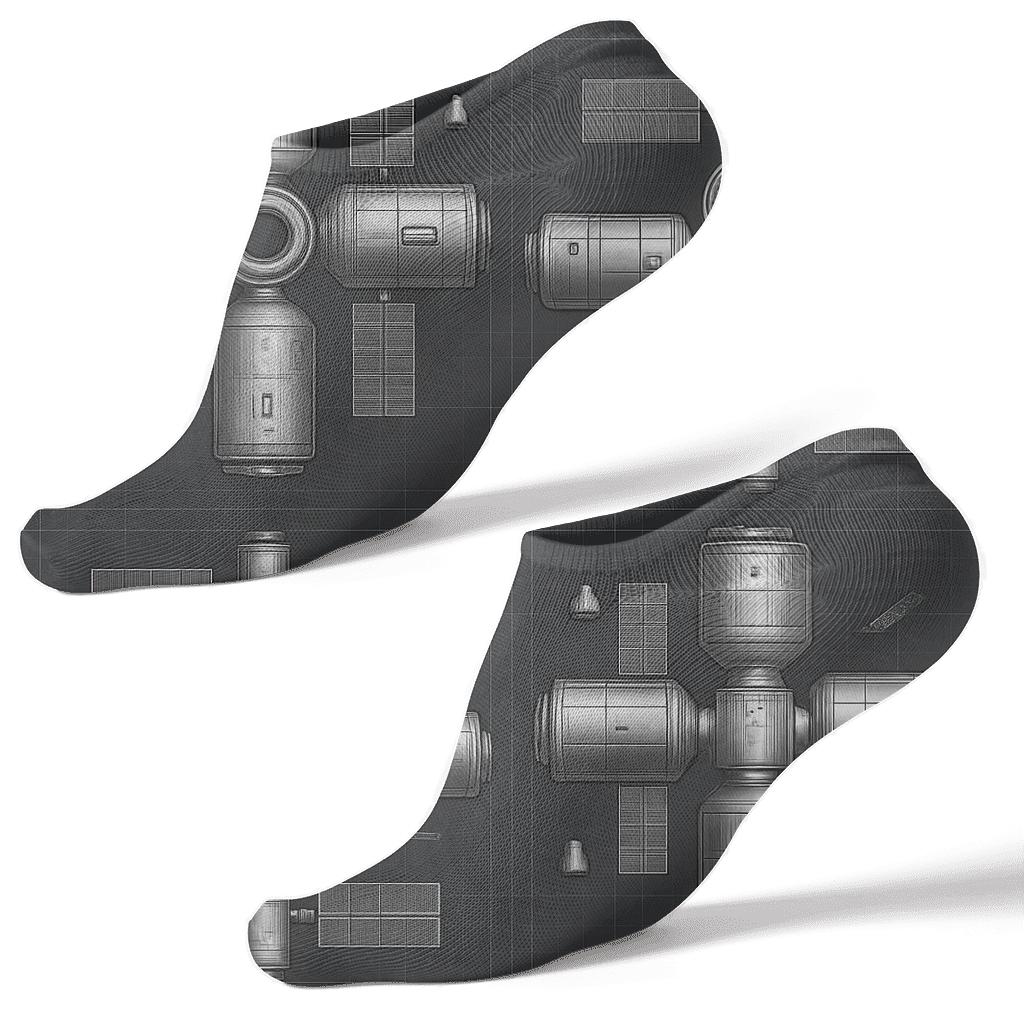Metallic Silver Space Station Tile Grid On Charcoal premium sports ankle socks