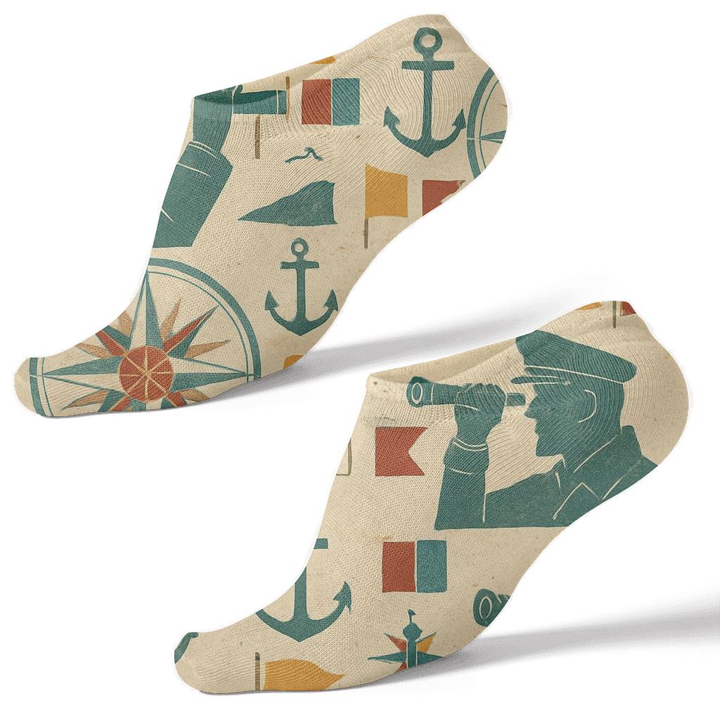 Vintage Nautical Poster Collage With Ship Captain Motif Grid designer print ankle socks
