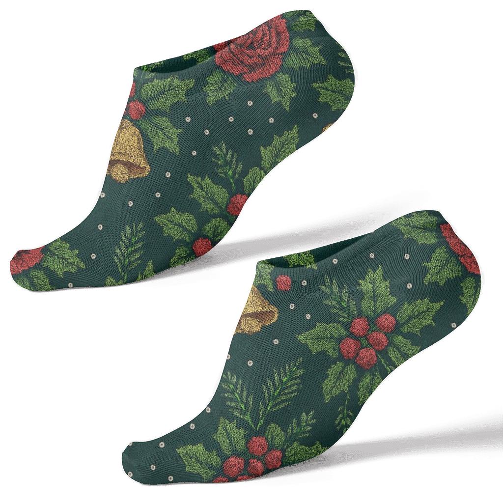 Embroidered Holly Rose Lattice On Midnight Green Background designer print ankle socks