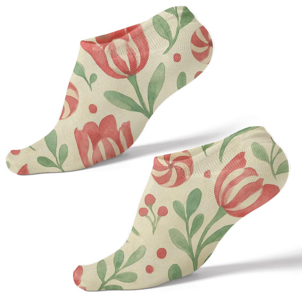 Watercolor Candy Cane Tulip Scatter On Warm Ivory Background personalized ankle socks