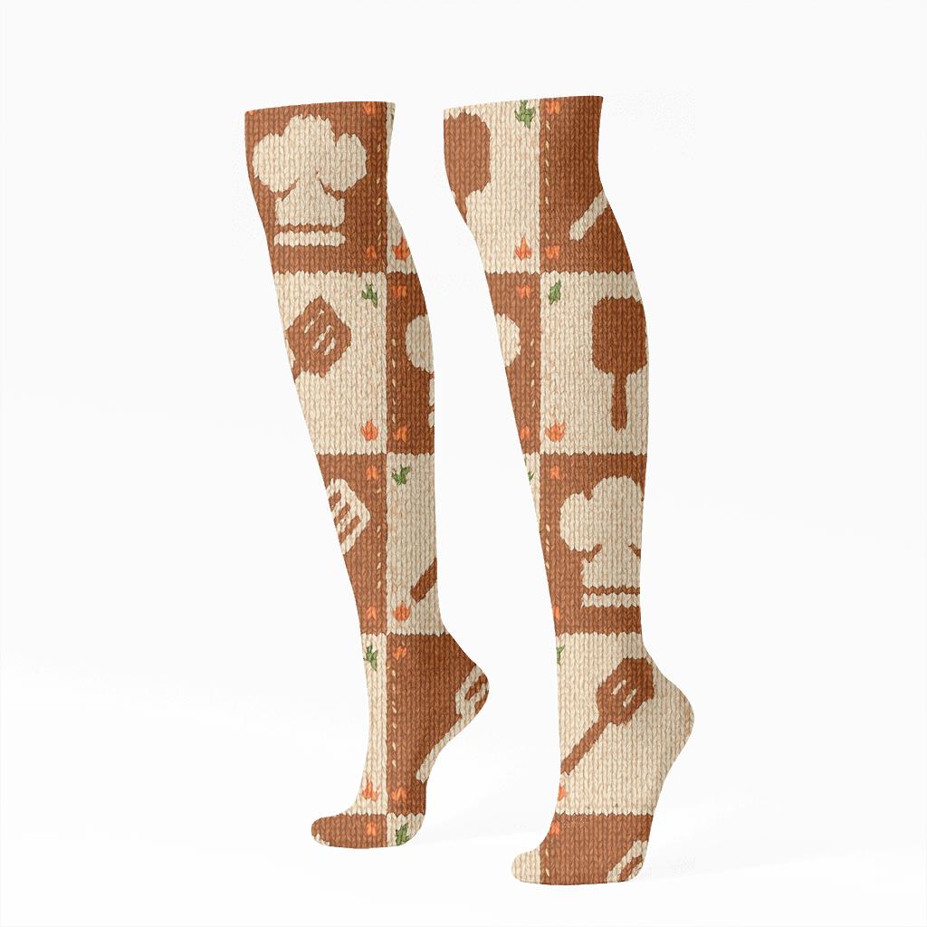 Chef Hat Knit Illusion Checkerboard unique graphic knee-high socks