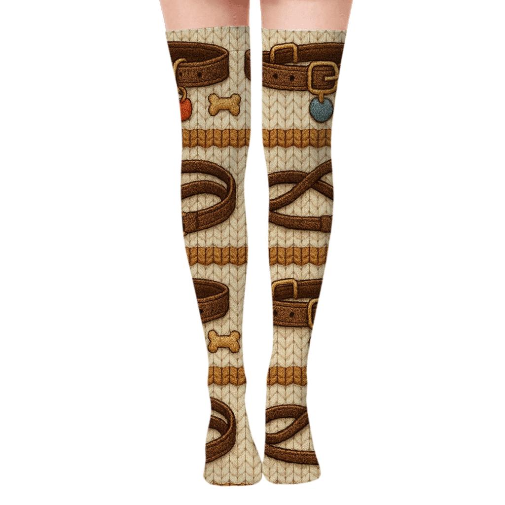 Collar Weave Dog Knit Illusion trendy patterned over-the-knee socks