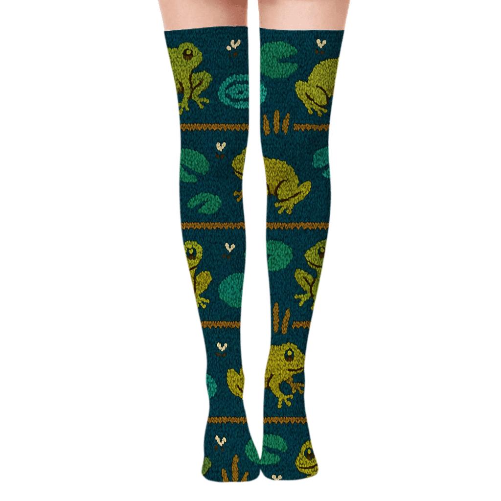 Knitted Frog Pond Parade Pattern designer print over-the-knee socks