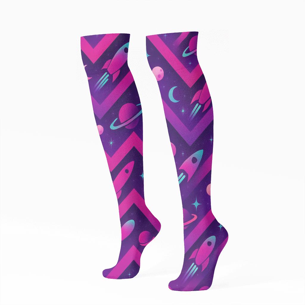 Neon Retro Rocket Chevron On Cosmic Purple Gradient personalized knee-high socks