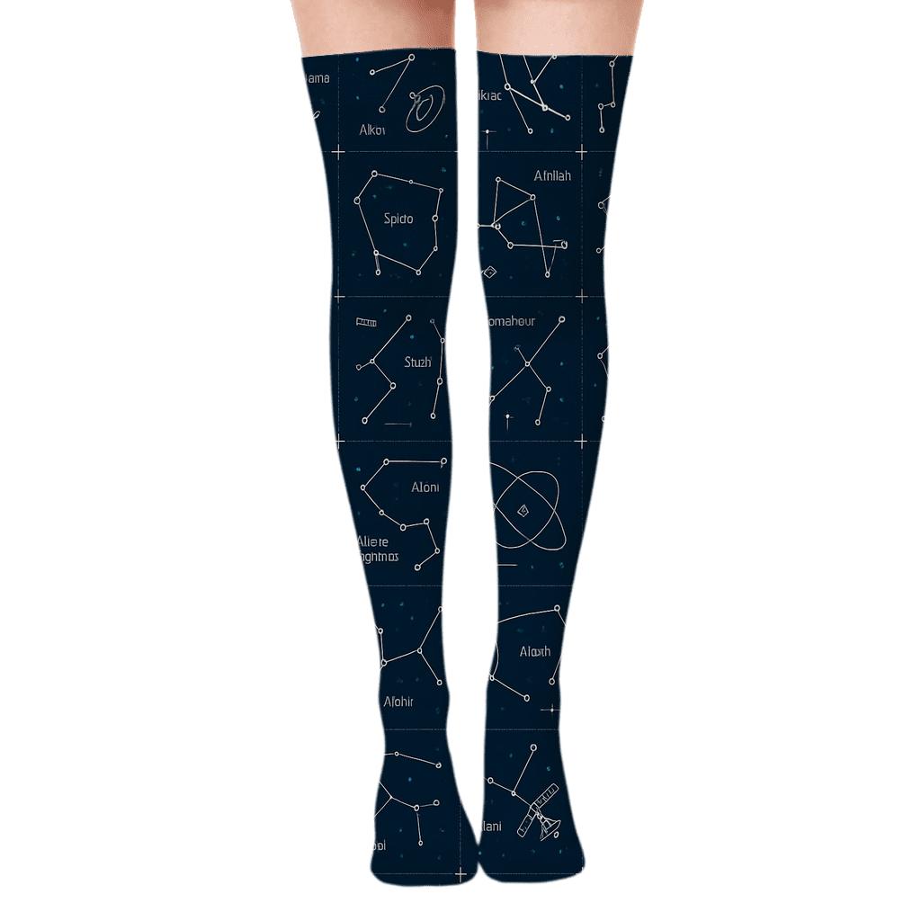 Orbital Blueprint Constellation Grid On Deep Navy unique graphic over-the-knee socks