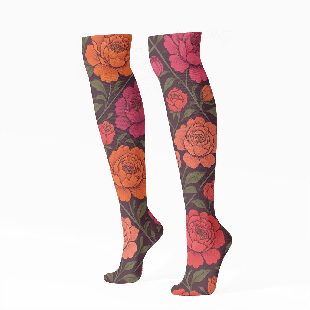 Sunset Peony And Rose Diagonal Trellis On Deep Plum Background soft everyday knee-high socks