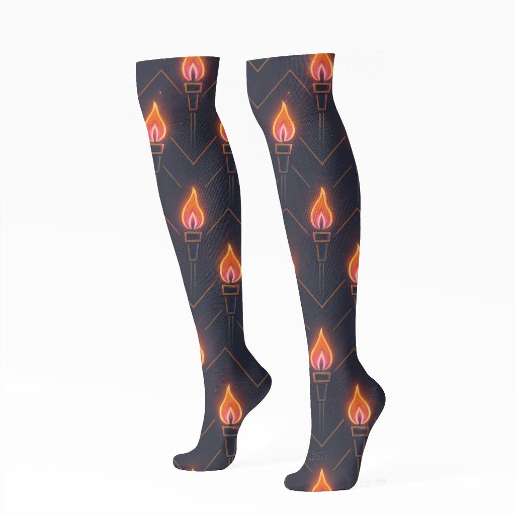 Neon Tiki Torch Chevron Repeat On Deep Night Navy personalized knee-high socks