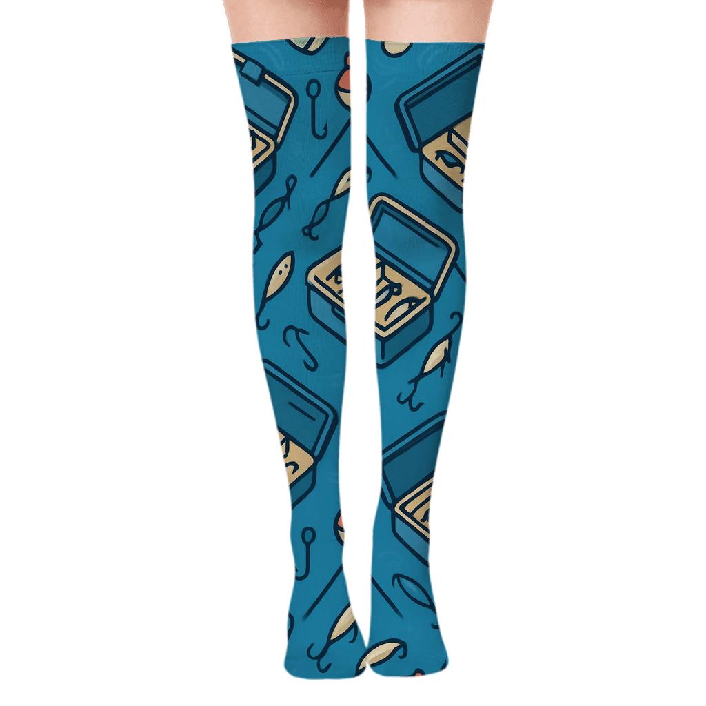 Fisher Tackle Box Lattice On Ocean Blue premium cozy over-the-knee socks