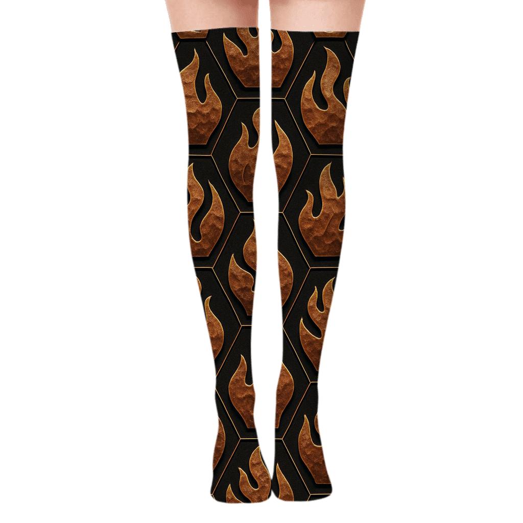 Molten Copper Flame Mosaic On Charcoal Black personalized over-the-knee socks