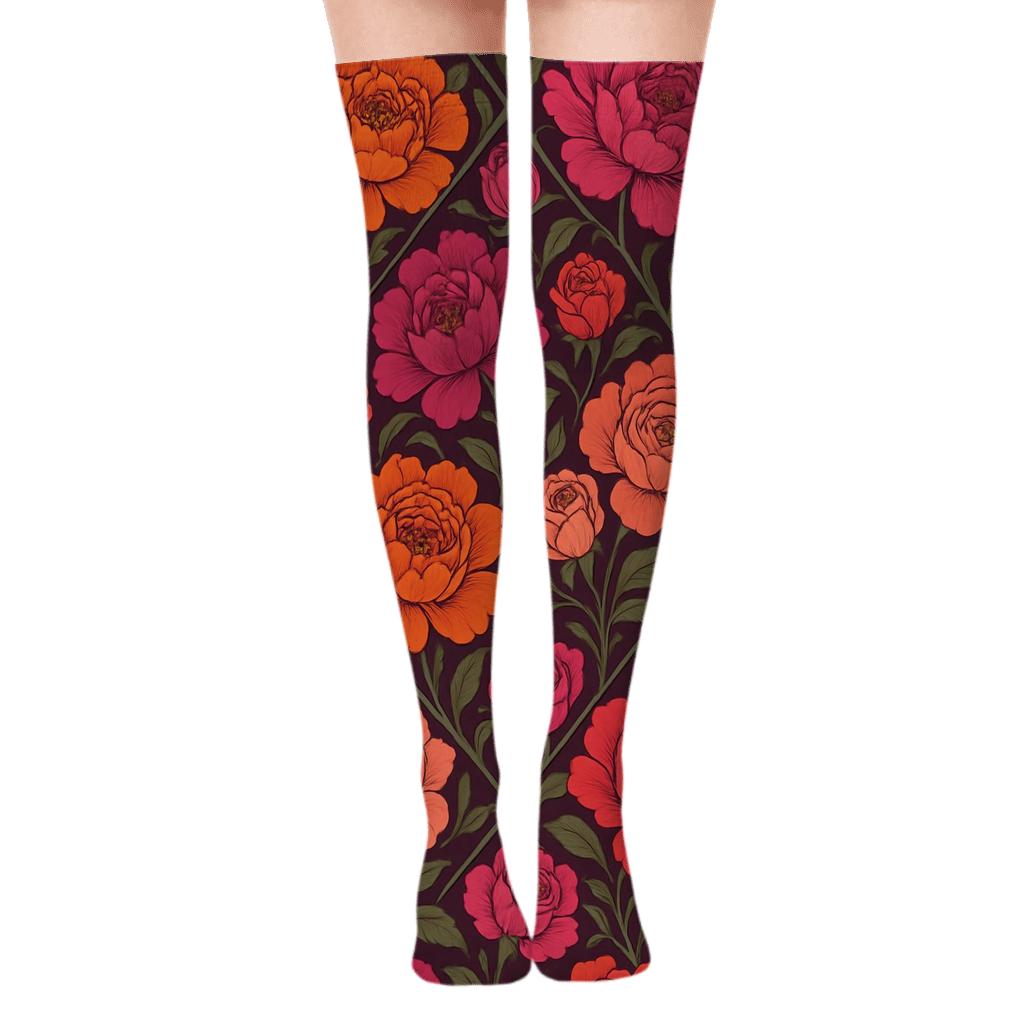 Sunset Peony And Rose Diagonal Trellis On Deep Plum Background unique graphic over-the-knee socks