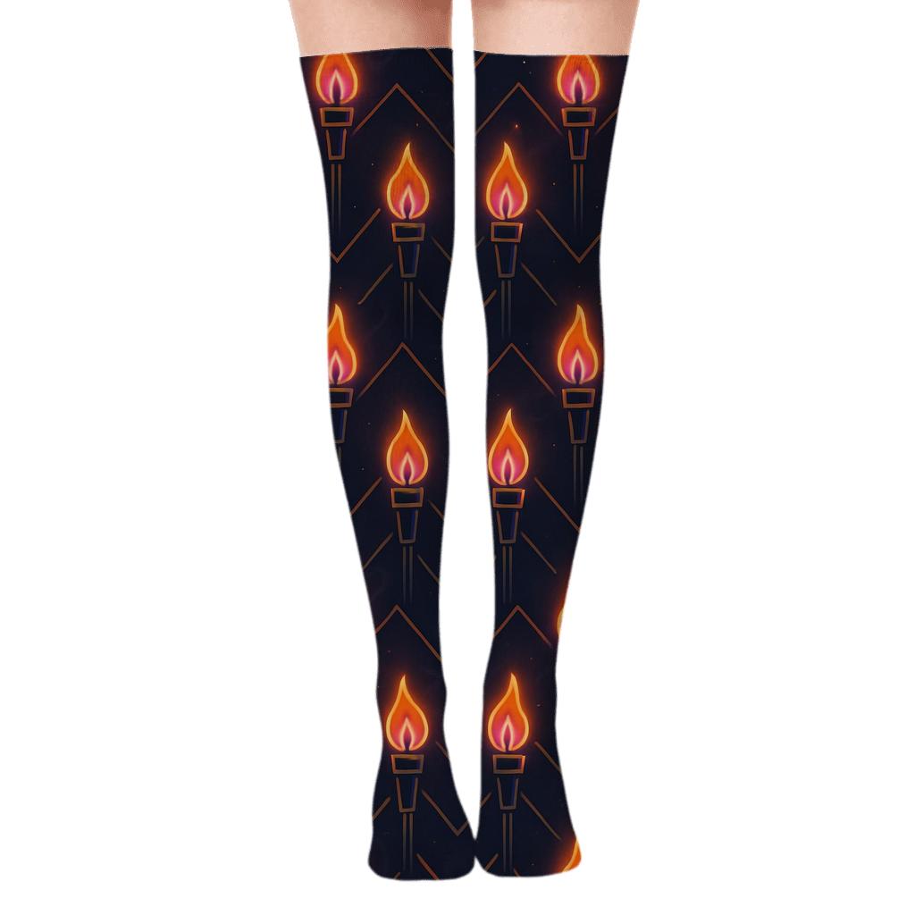 Neon Tiki Torch Chevron Repeat On Deep Night Navy unique graphic over-the-knee socks