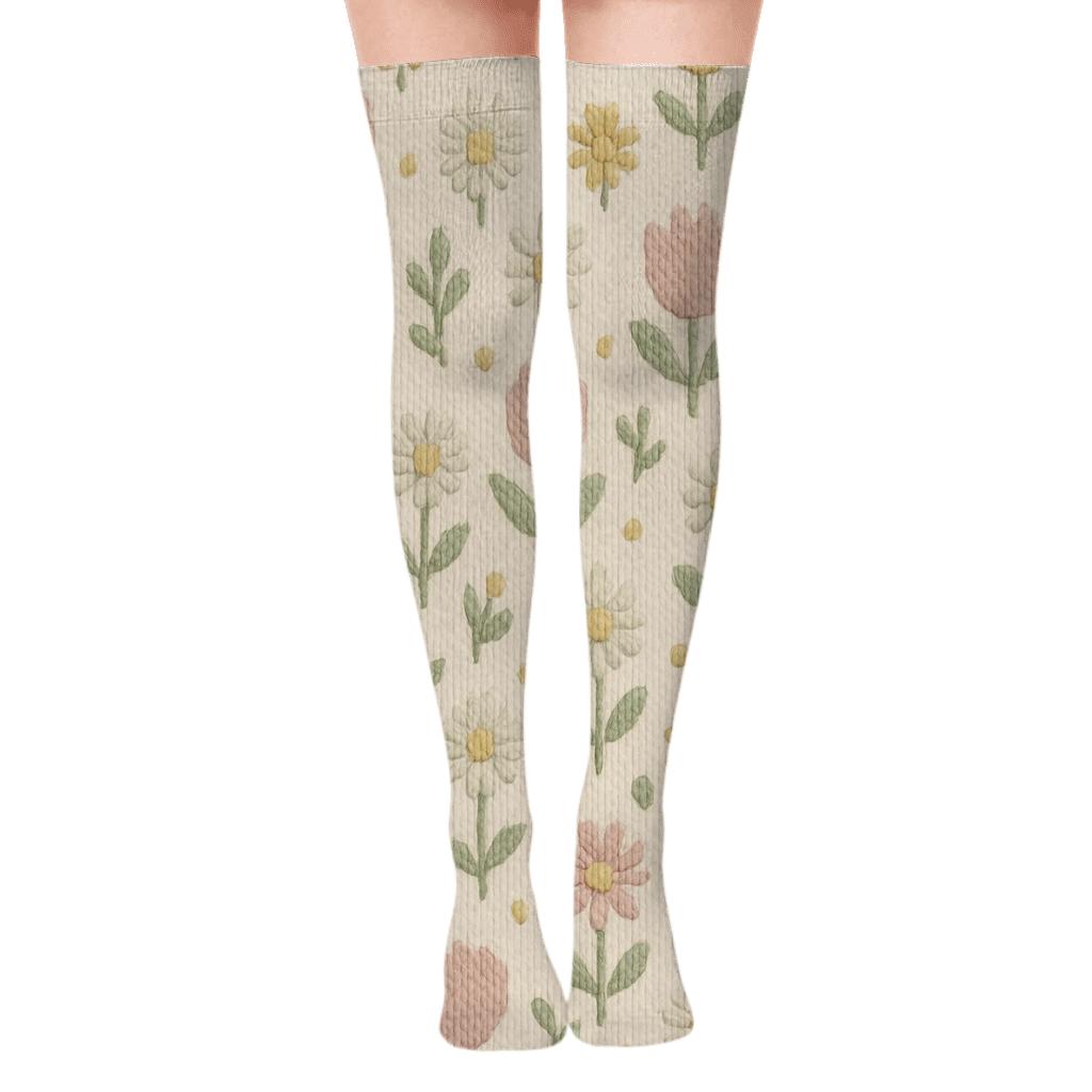 Knitted Daisy And Tulip Micro Motif Grid On Warm Ivory Background custom over-the-knee socks