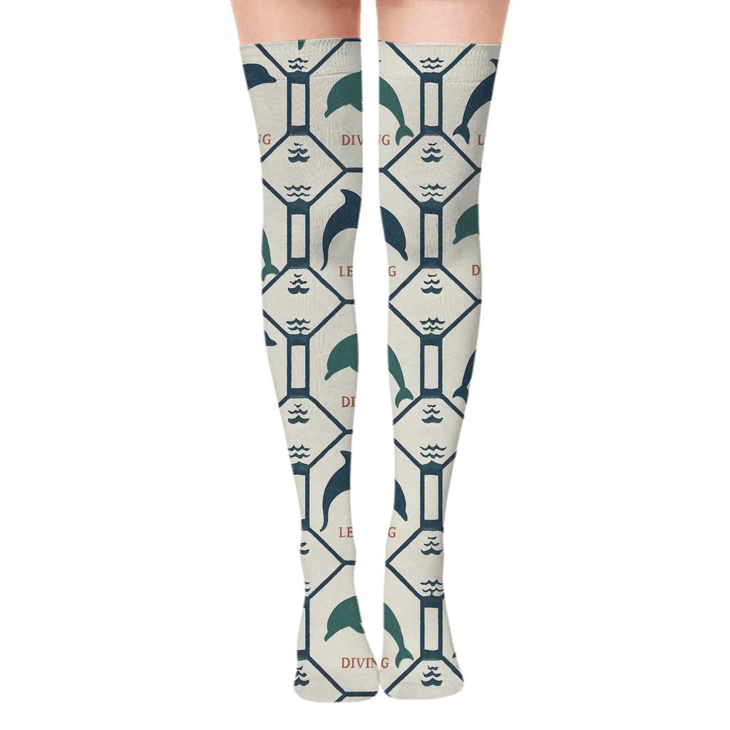 Vintage Marine Study With Dolphin Silhouette Lattice trendy patterned over-the-knee socks