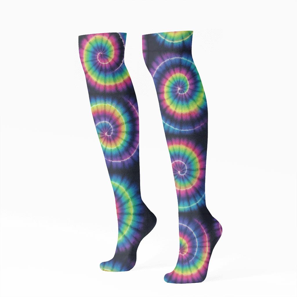 Neon Spiral Whorl Tile Lattice On Black Background trendy patterned knee-high socks