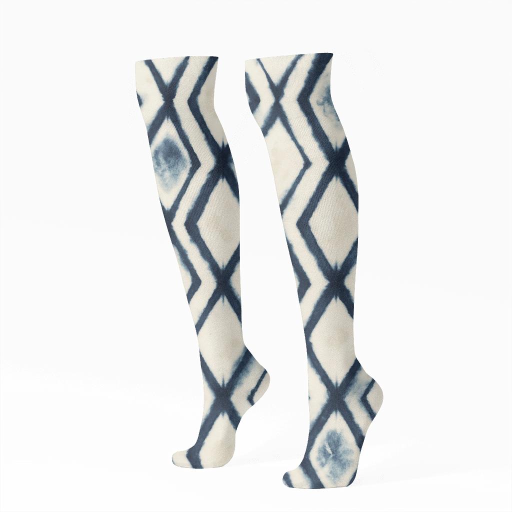 Indigo Shibori Diamond Chain On Ivory Background trendy patterned knee-high socks