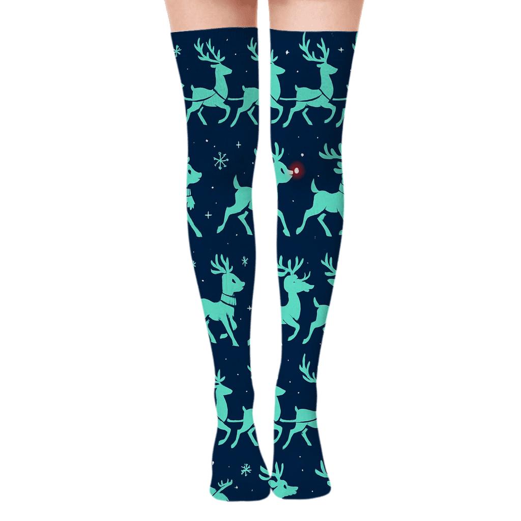 Reindeer Sleigh Party Pattern With Rudolph Lead unique graphic over-the-knee socks