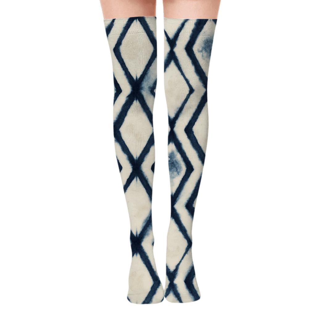 Indigo Shibori Diamond Chain On Ivory Background premium cozy over-the-knee socks