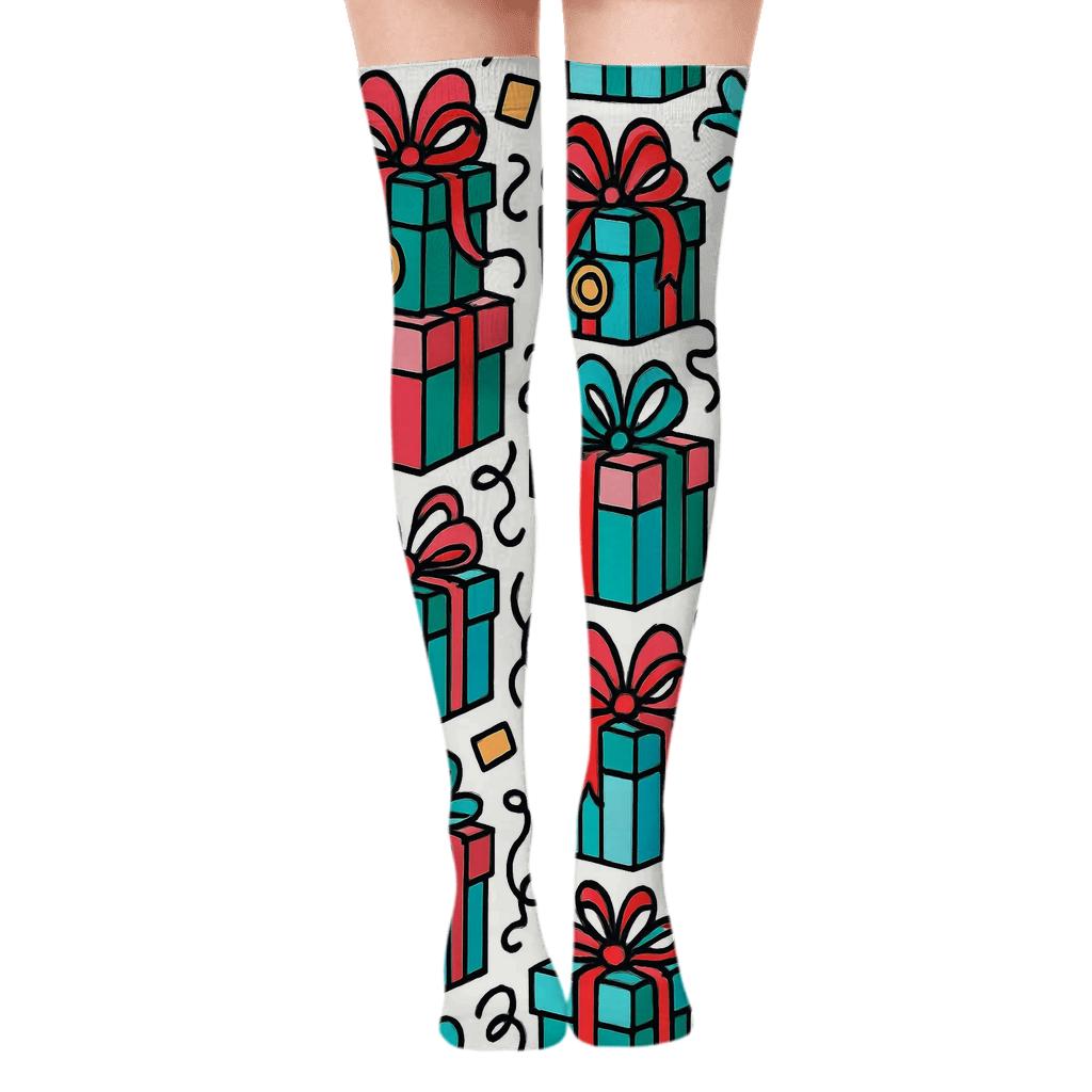Stacked Gift Boxes in Presents Parade Over-the-Knee Socks