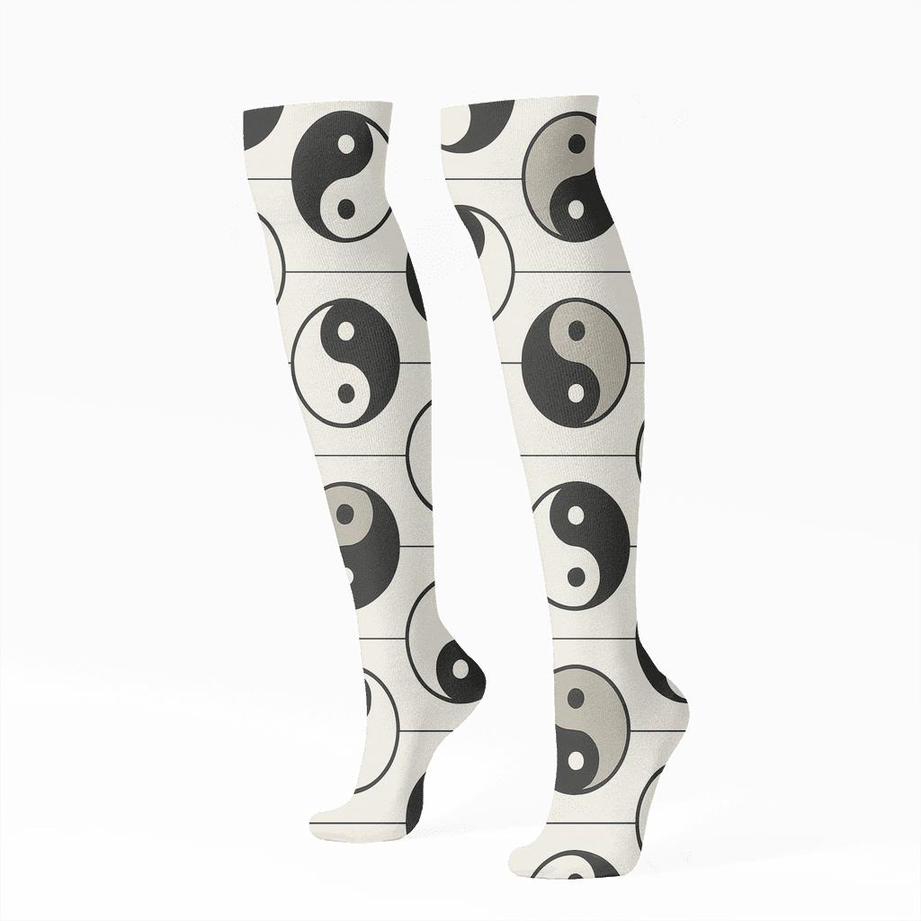 Ivory Minimal Taijitu Checker Stripe custom knee-high socks