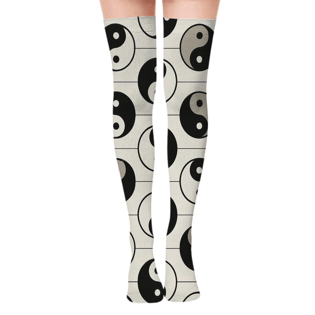 Ivory Minimal Taijitu Checker Stripe personalized over-the-knee socks