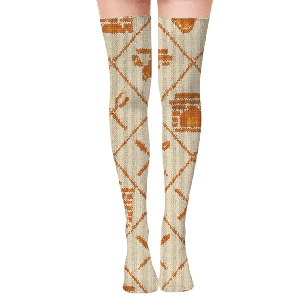 Knitted Hearth Lattice Fireplace Pattern designer print over-the-knee socks