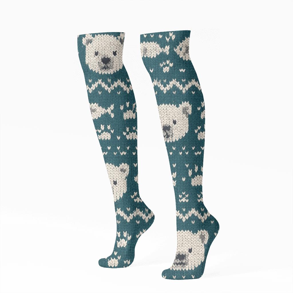 Knitted Pattern Illusion Polar Bear Winter Bandwork premium sports knee-high socks