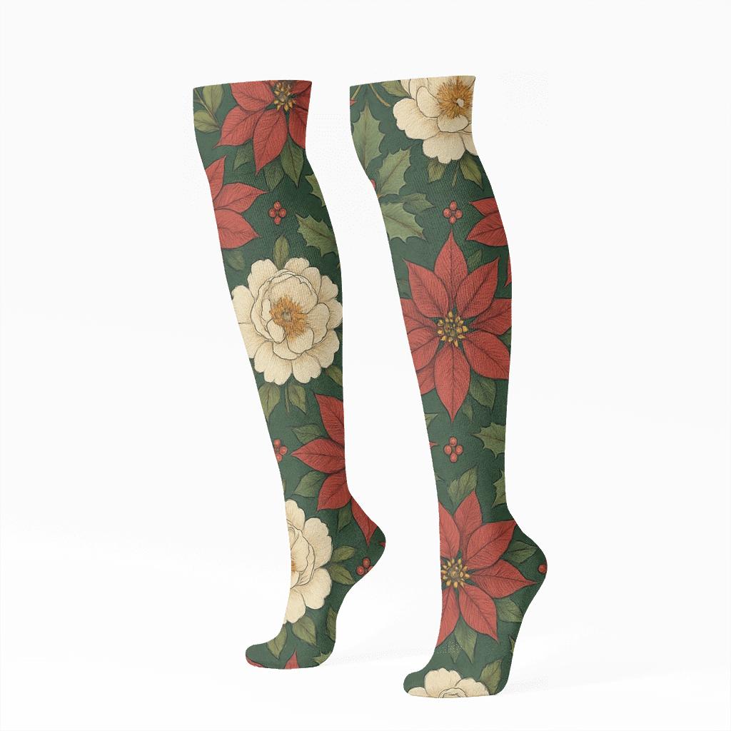 Crimson Poinsettia Peony Lattice On Pine Green Background personalized knee-high socks