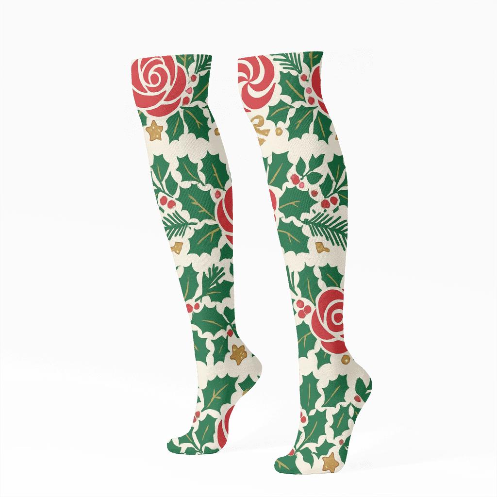 Candy Cane Rose Garland Stripe Repeat On Ivory Background premium sports knee-high socks