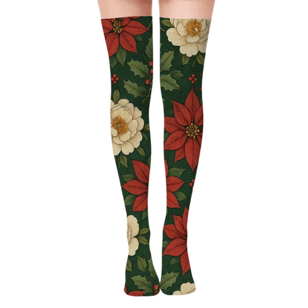 Crimson Poinsettia Peony Lattice On Pine Green Background soft everyday over-the-knee socks