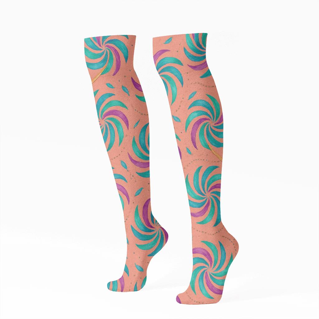 Hummingbird Wing Spiral Rosettes On Coral Background unique graphic knee-high socks