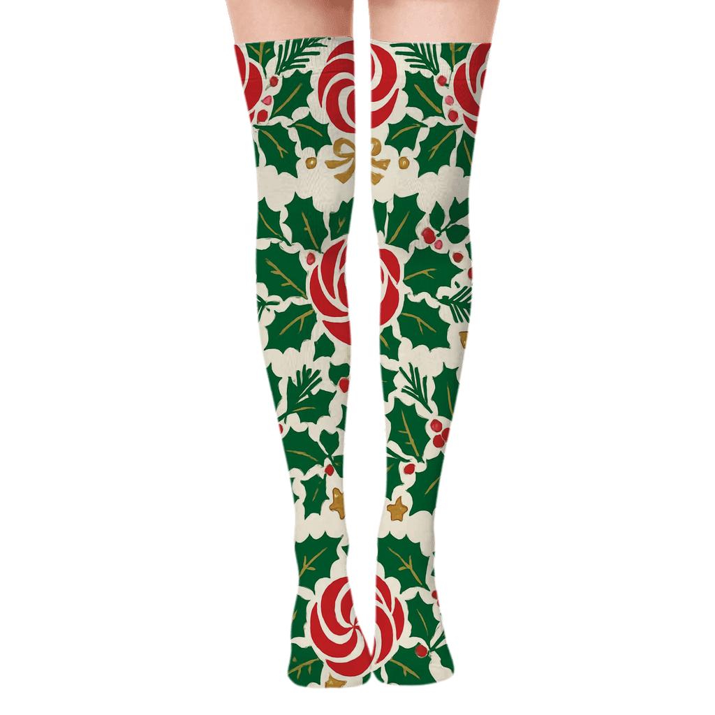 Candy Cane Rose Garland Stripe Repeat On Ivory Background personalized over-the-knee socks