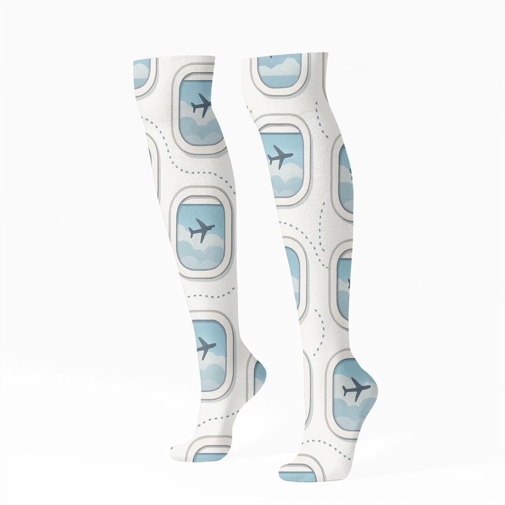Cloud Window Grid With Airplane soft everyday knee-high socks