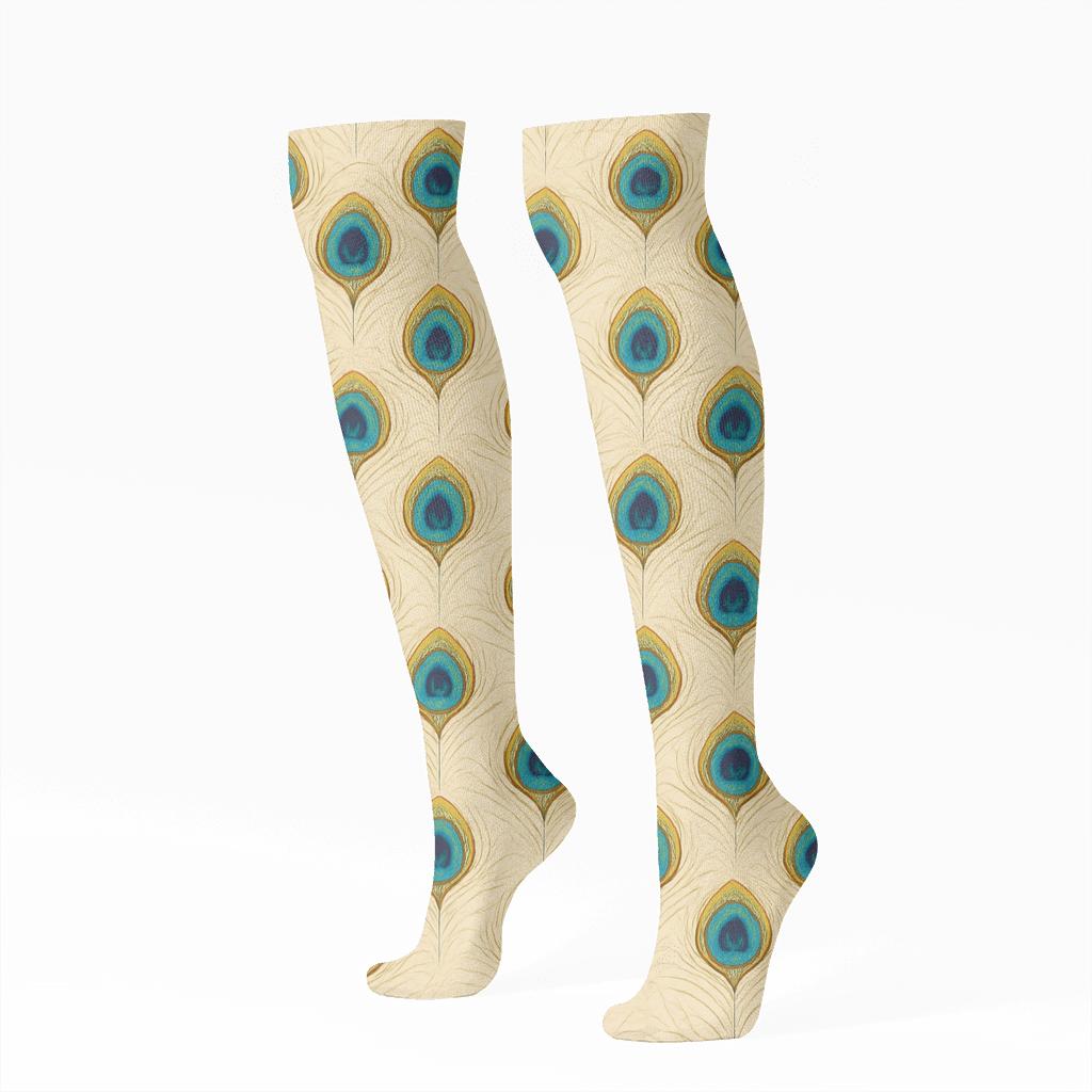 Peacock Tail Eye Chevron Bands On Ivory Background stylish athletic knee-high socks