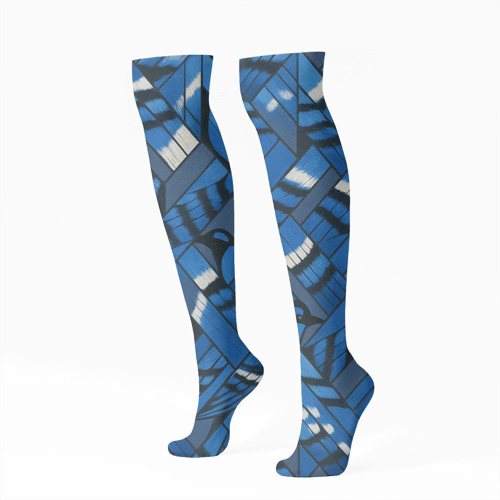 Blue Jay Feather Mosaic On Slate Background designer print knee-high socks