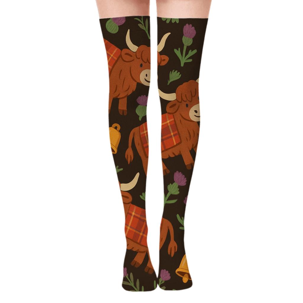 Cowbells And Heather Scatter On Peat Brown With Highland Cow trendy patterned over-the-knee socks