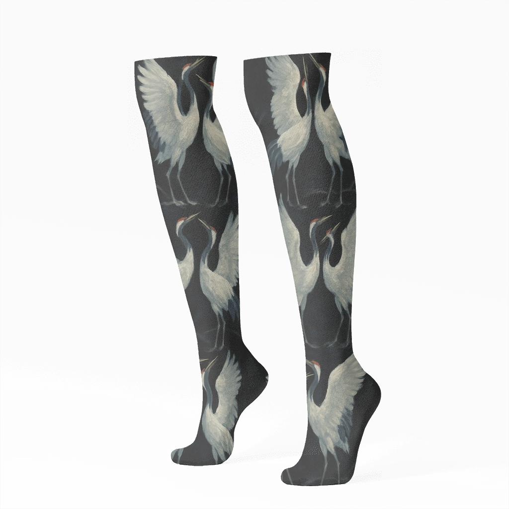 Crane Courtship Mirror Flight On Black Background designer print knee-high socks