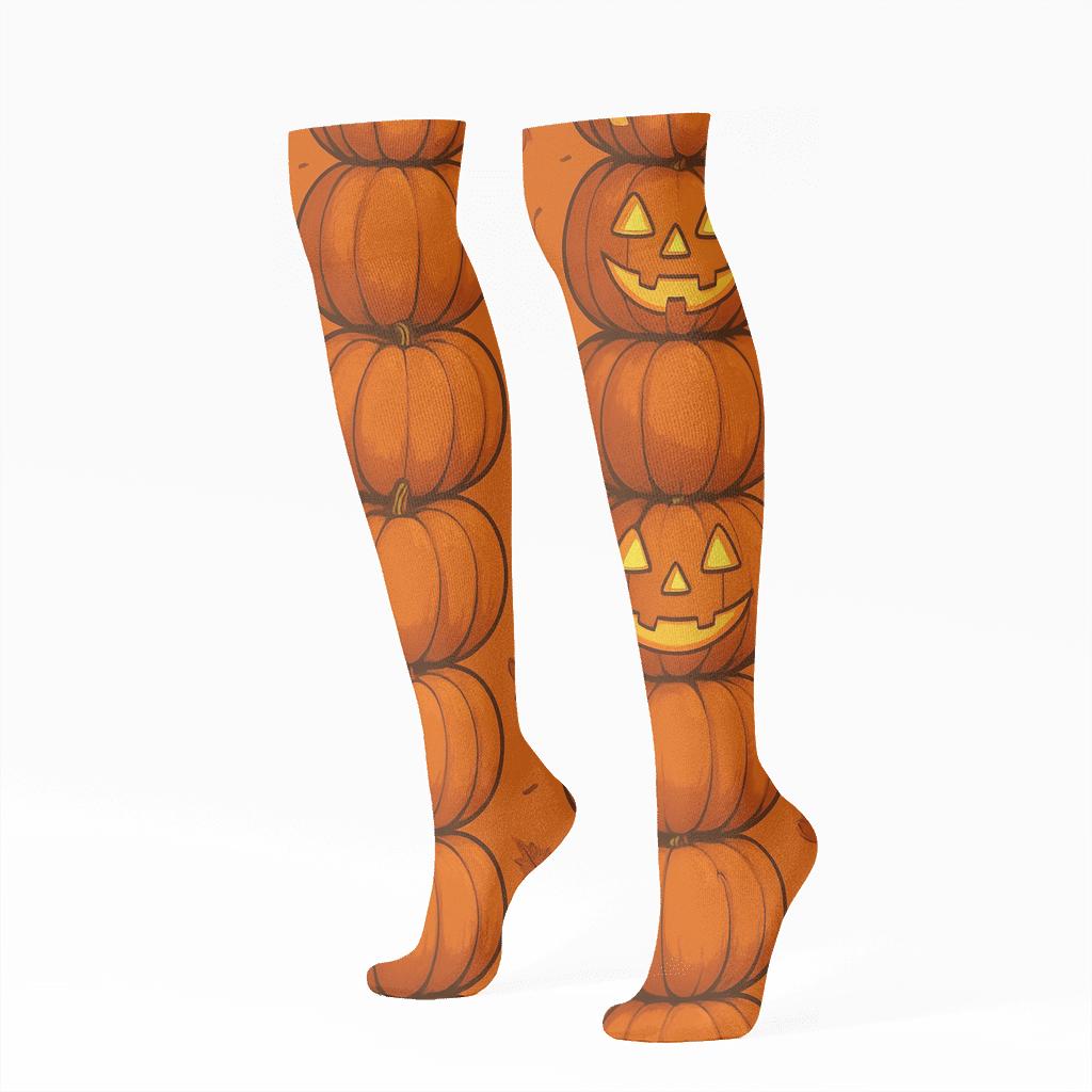 Pumpkin Stack Columns On Orange Background stylish athletic knee-high socks