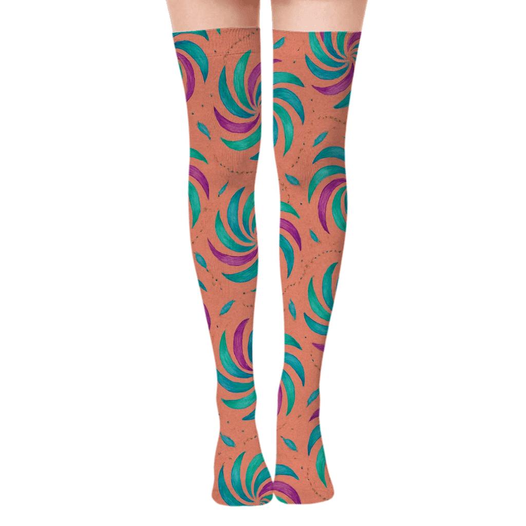 Hummingbird Wing Spiral Rosettes On Coral Background stylish fashion over-the-knee socks